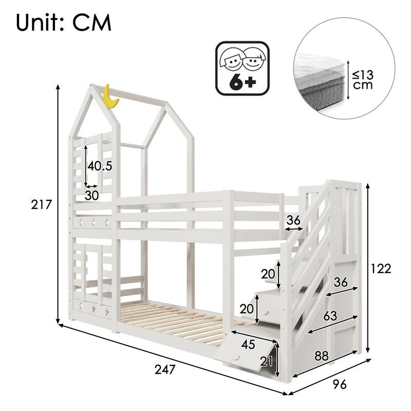 White Wooden Kids Bunk Bed with Storage Stairs Cabin Style 3FT Pine Twin Sleeper