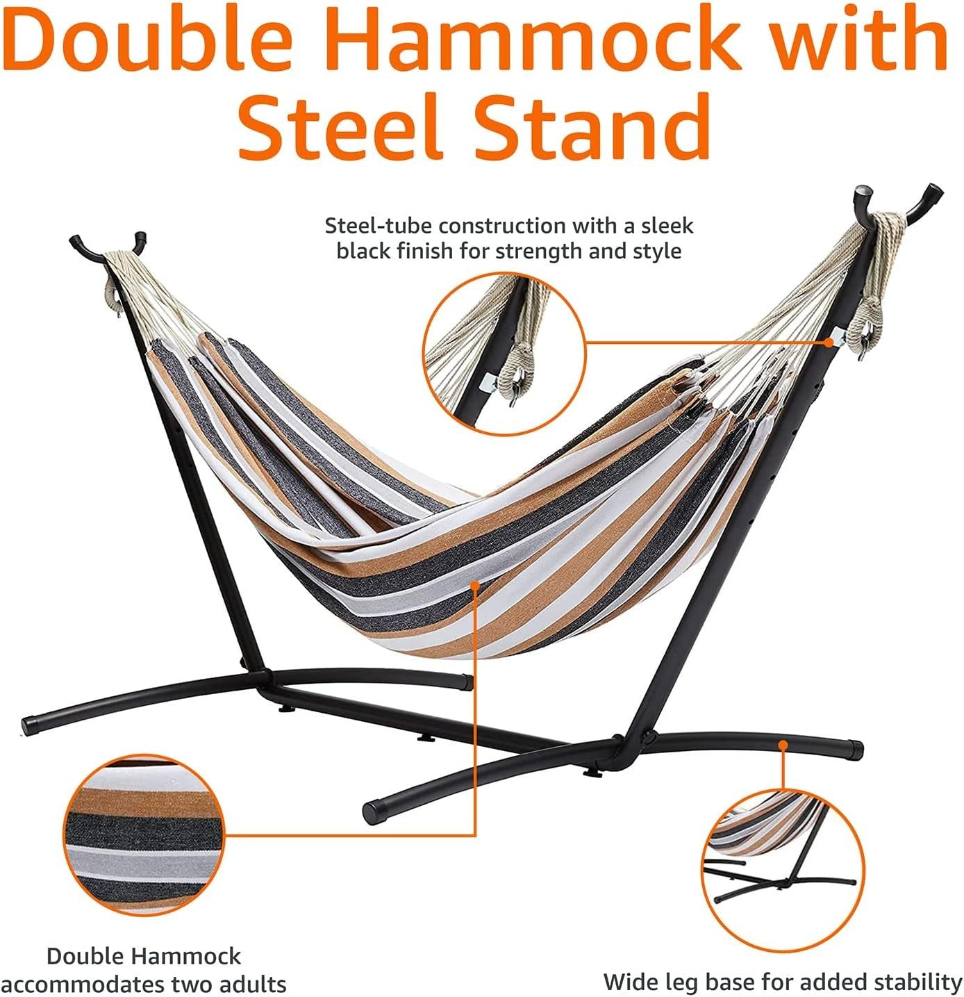 Heavy-Duty Fabric Hammock with Stand, Space-Saving Steel Frame, 2-Person