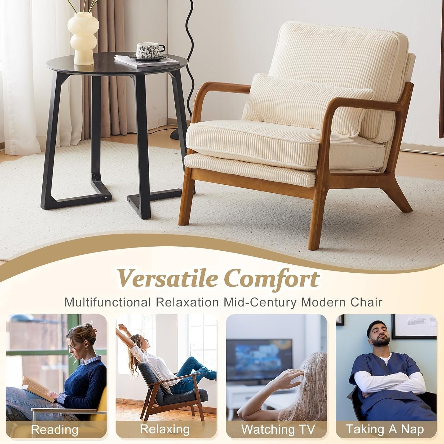 Corduroy Lounge Armchair with Lumbar Pillow | Oversized Solid Wood Frame