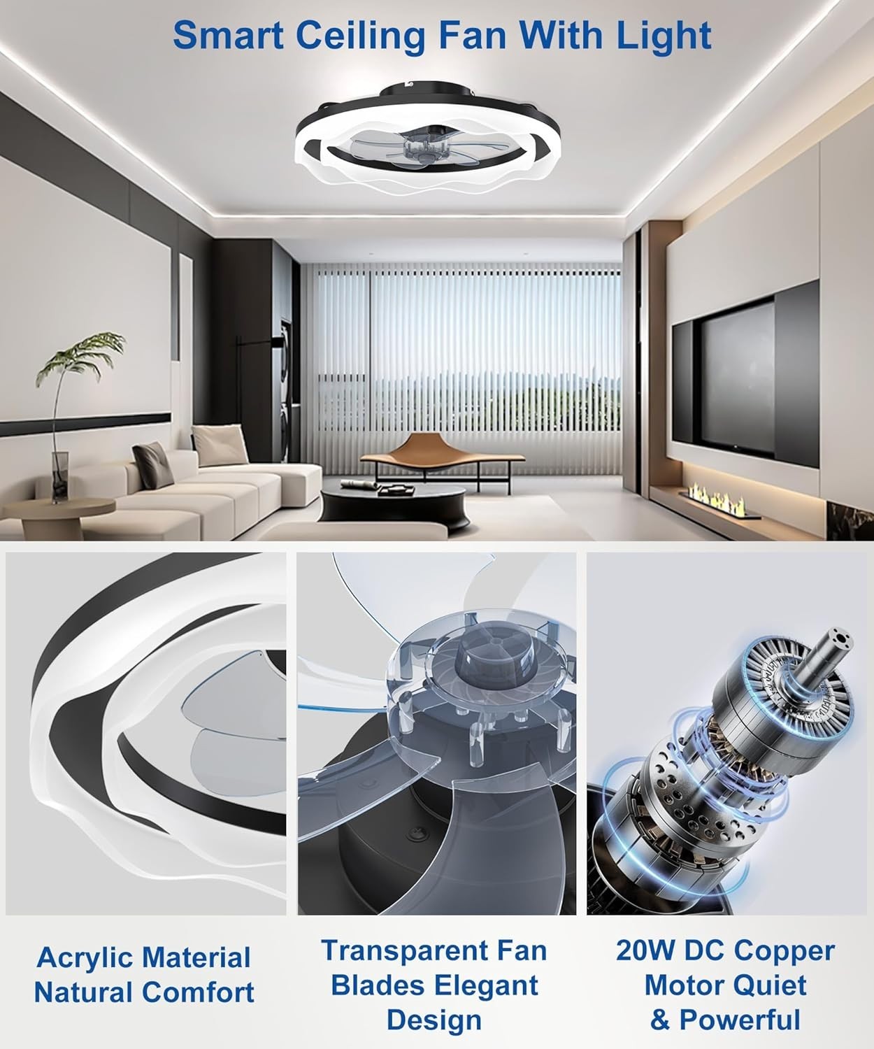 20" Ceiling Fan Light, 6 Speeds, Dimmable, Reversible, App & Remote, Black