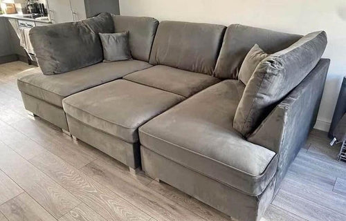 U Shaped 5 Seater Sofa High Steel Grey Plush Velvet Corner Couch Cinema Lounge