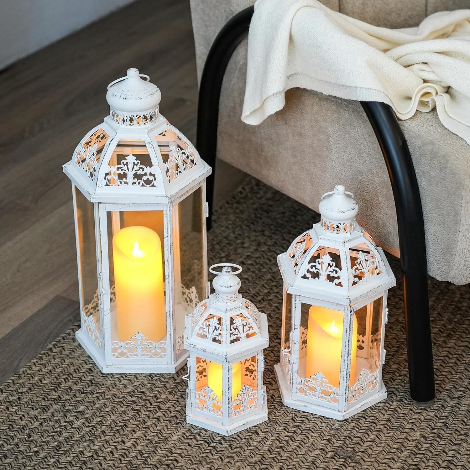 3-Pack White Grey Vintage Metal Candle Lanterns