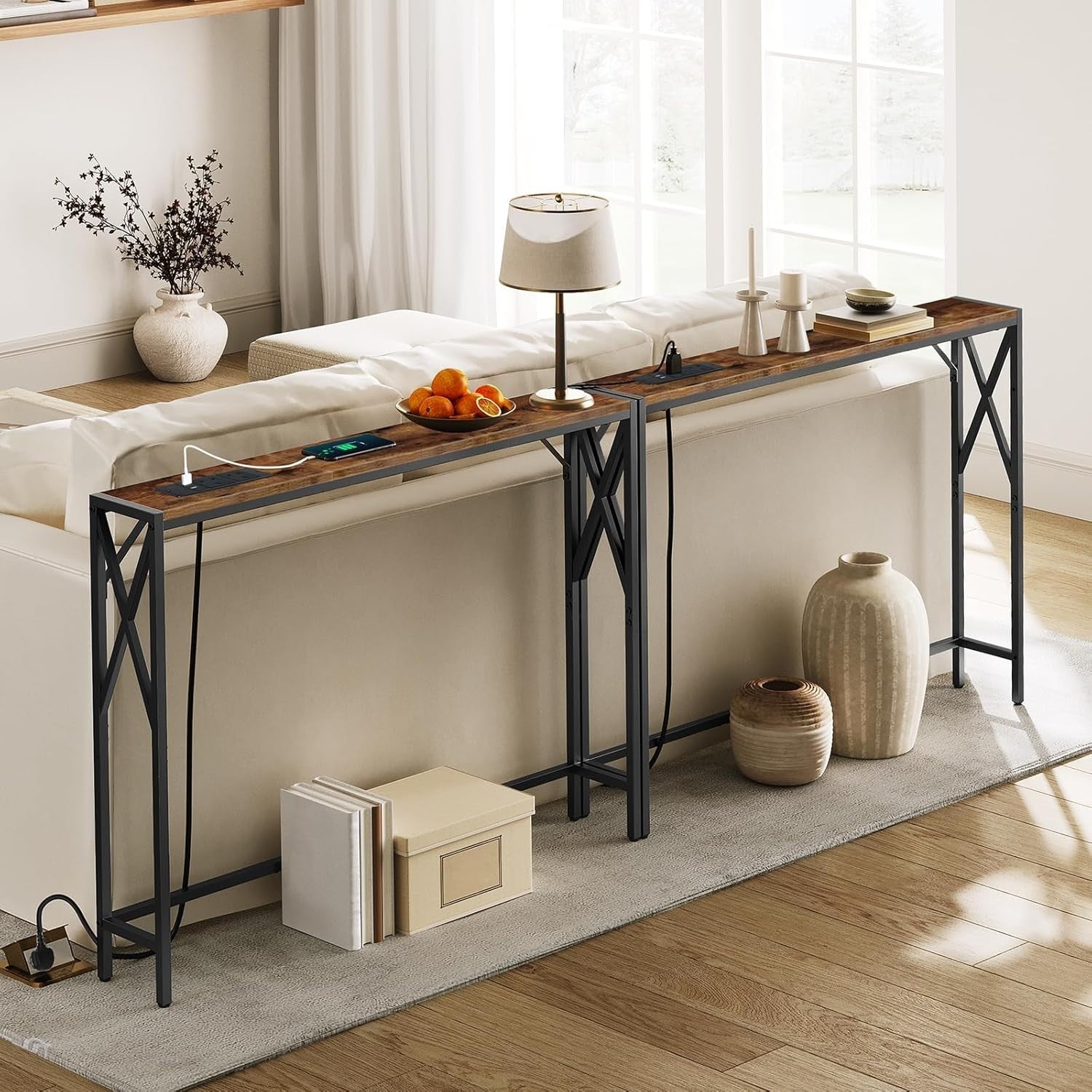2-Pack Narrow Console Tables with USB Charging & Power Outlets, 100cm