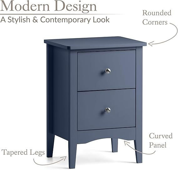 Navy 2 Drawer Bedside Table Modern MDF Nightstand | Smooth Glide Storage Unit