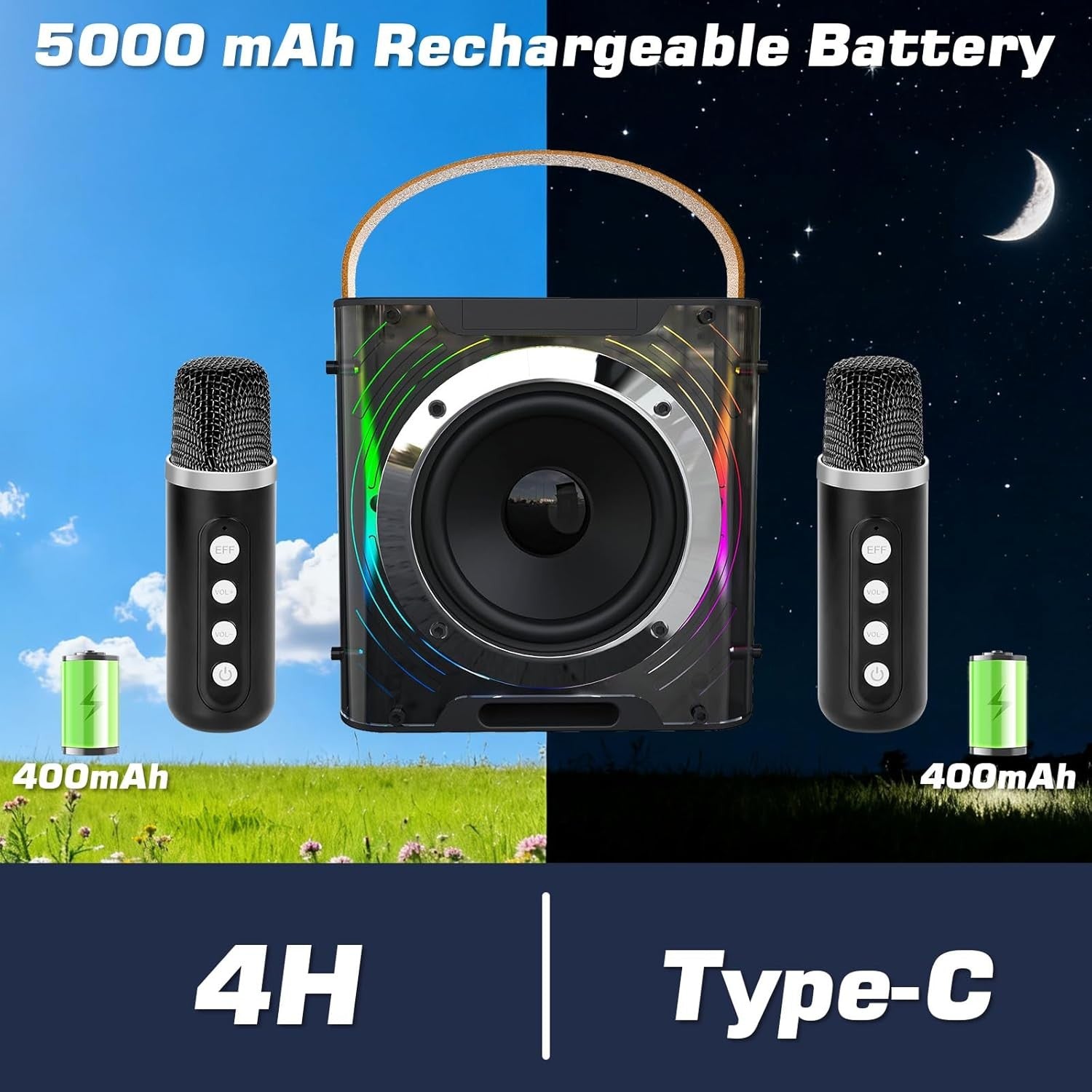 Portable Bluetooth Karaoke Machine with 2 Wireless Mics LED Lights
