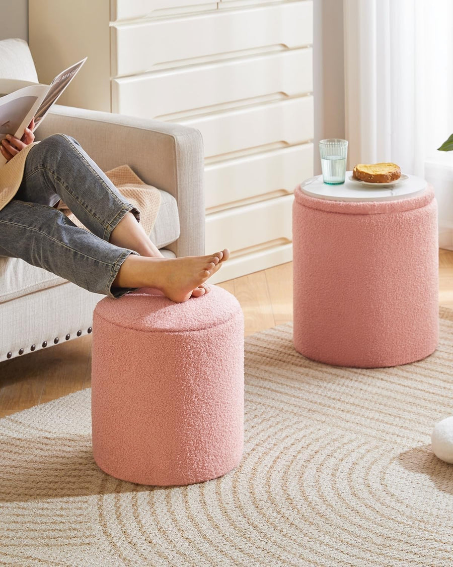 Set of 2 Round Storage Ottomans – Fleece Vanity Stools, Footrest & Side Tables