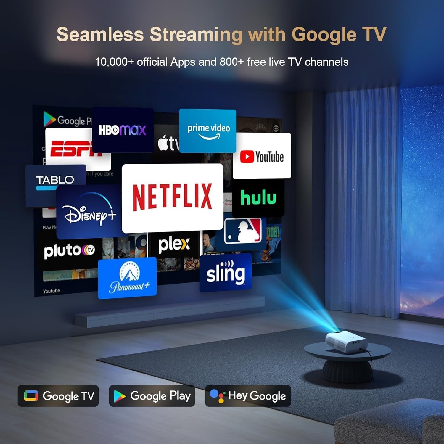 Smart 1080P Projector 1000 ANSI Google TV WiFi Bluetooth 4K