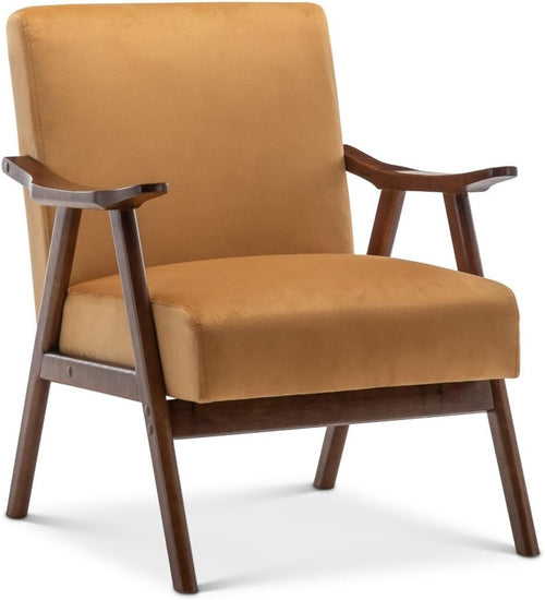 Gold Velvet Accent Armchair Retro Wooden Lounge Chair