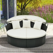 Outdoor Patio Rattan Round Daybed Sun Lounger w/ Retractable Canopy Cushions
