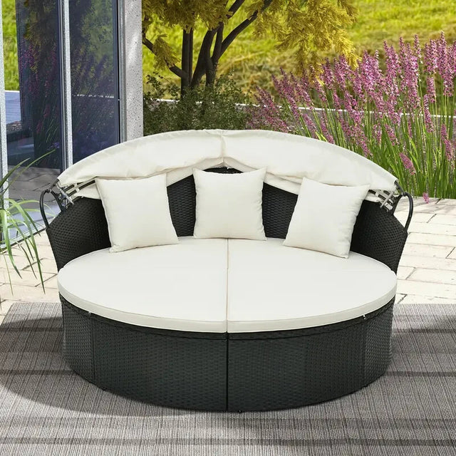 Outdoor Patio Rattan Round Daybed Sun Lounger w/ Retractable Canopy Cushions