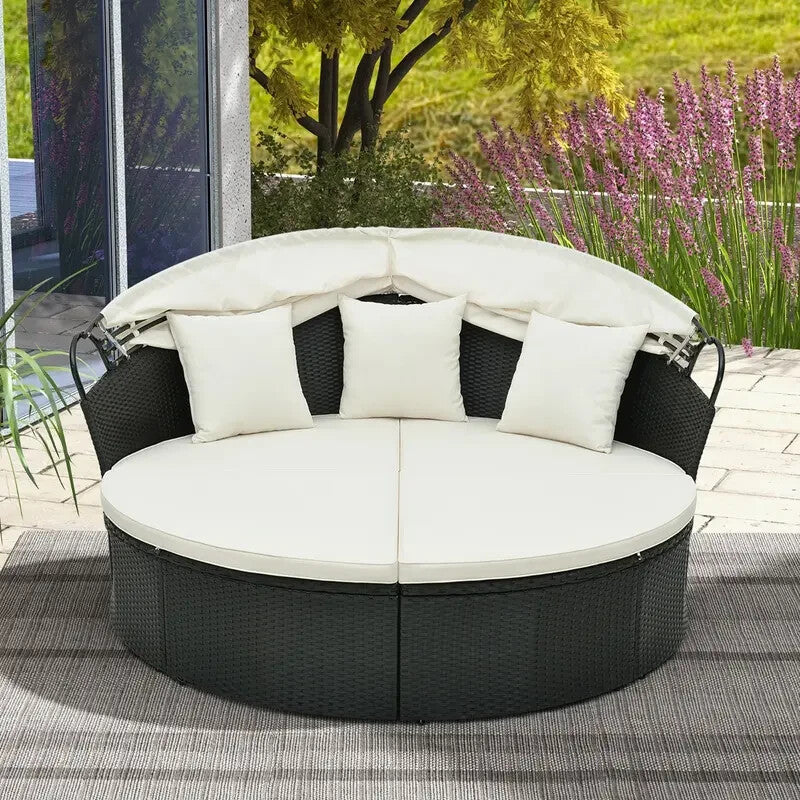 Outdoor Patio Rattan Round Daybed Sun Lounger w/ Retractable Canopy Cushions