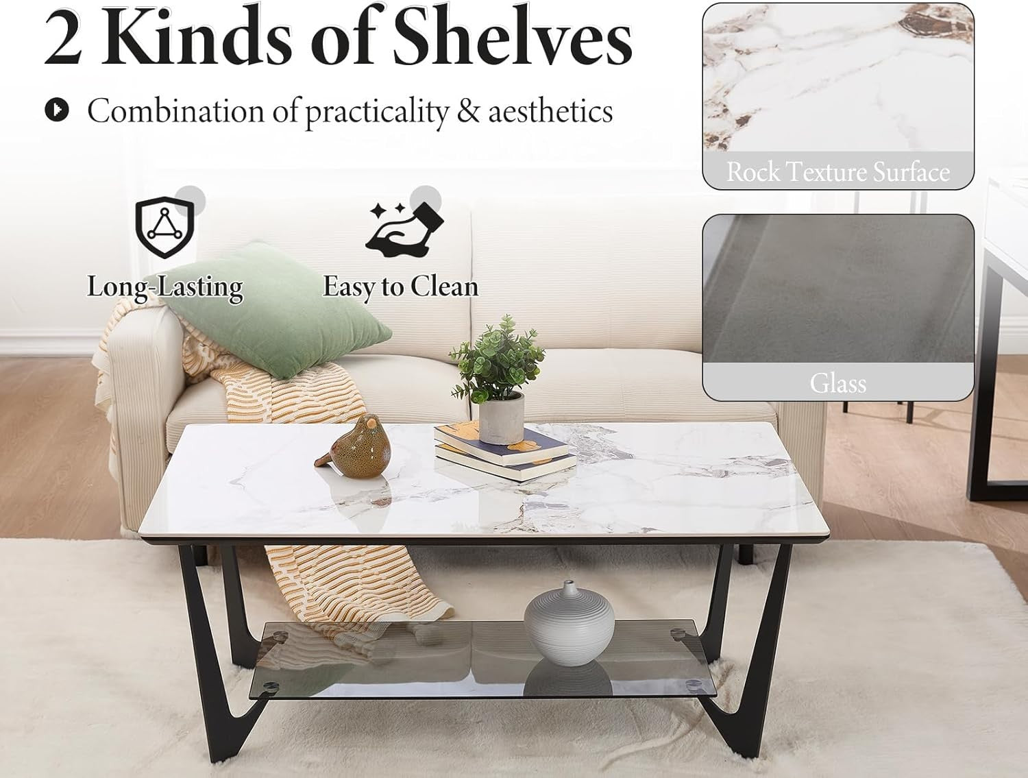 Modern Marble Effect Coffee Table with Glass Shelf & Metal Legs – 110x60cm