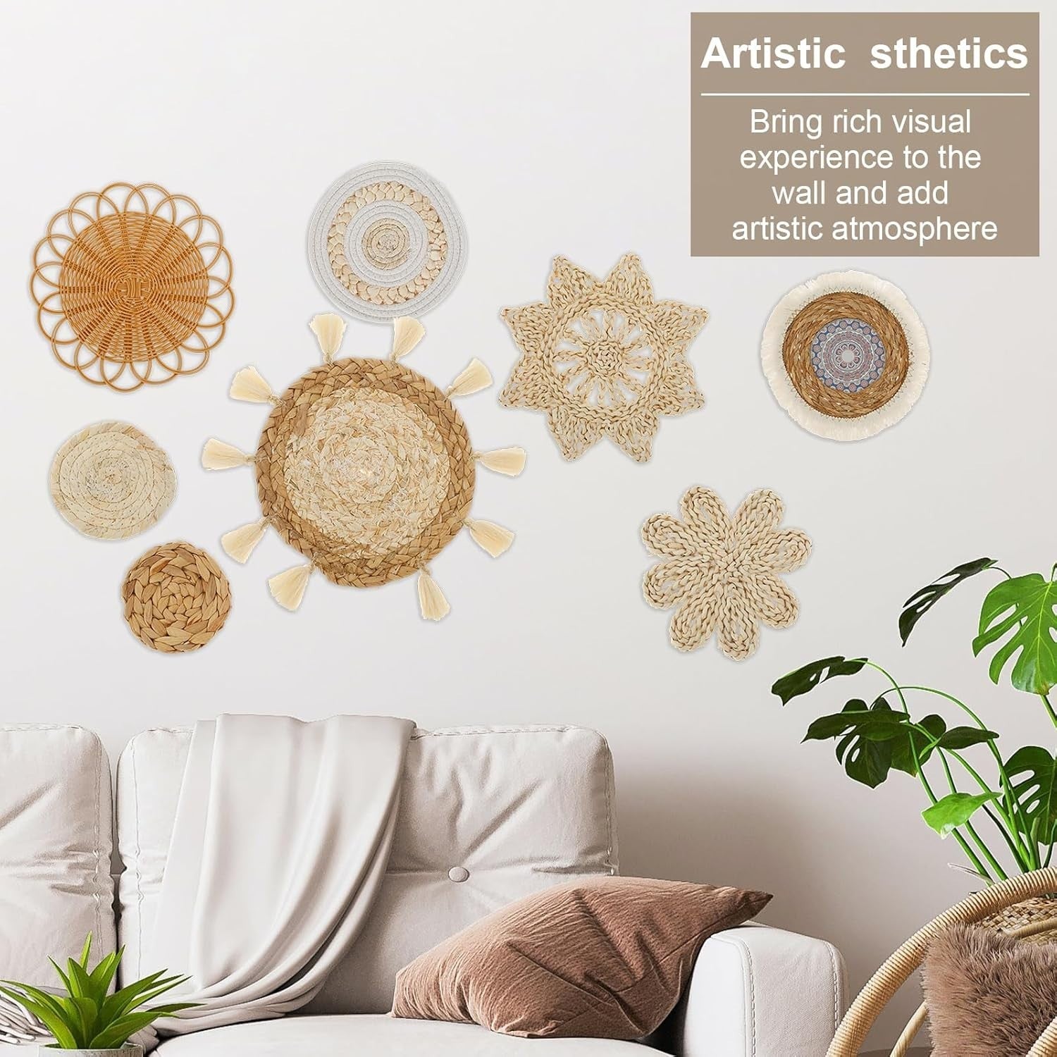 8 Pcs Boho Woven Wall Baskets Handmade Rattan Decor 7 Sizes