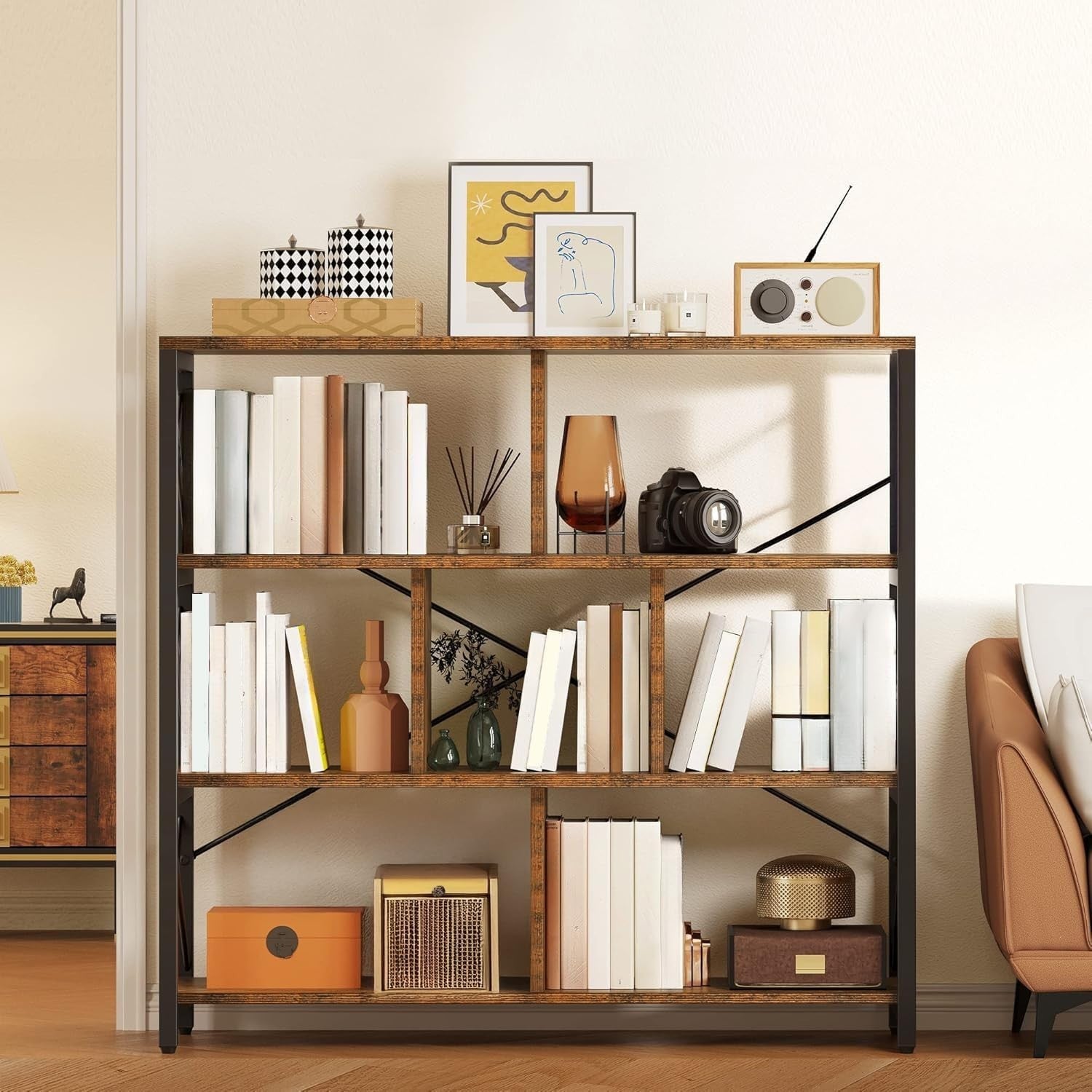 4 Tier Industrial Cube Bookcase Retro Brown Metal Frame Storage Display Shelf