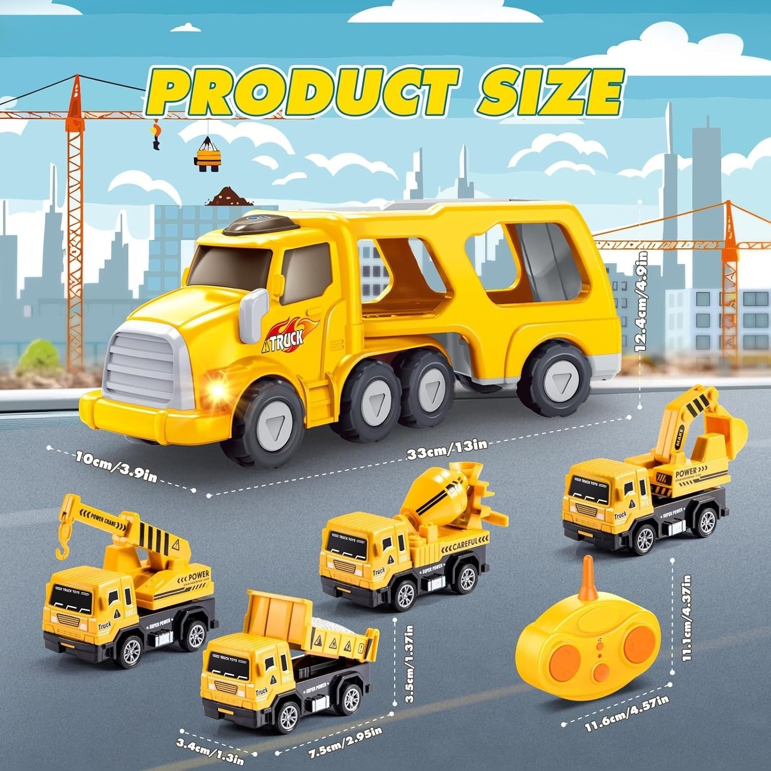 Remote Control Construction Truck Set with Lights & Music for Boys 1-6