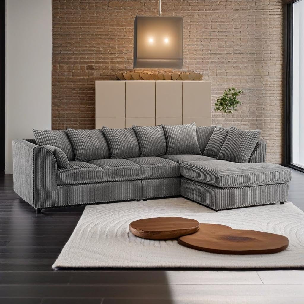 Modern 5-Seater L-Shape Corner Sofa Grey Jumbo Cord Fabric 262cm Wide
