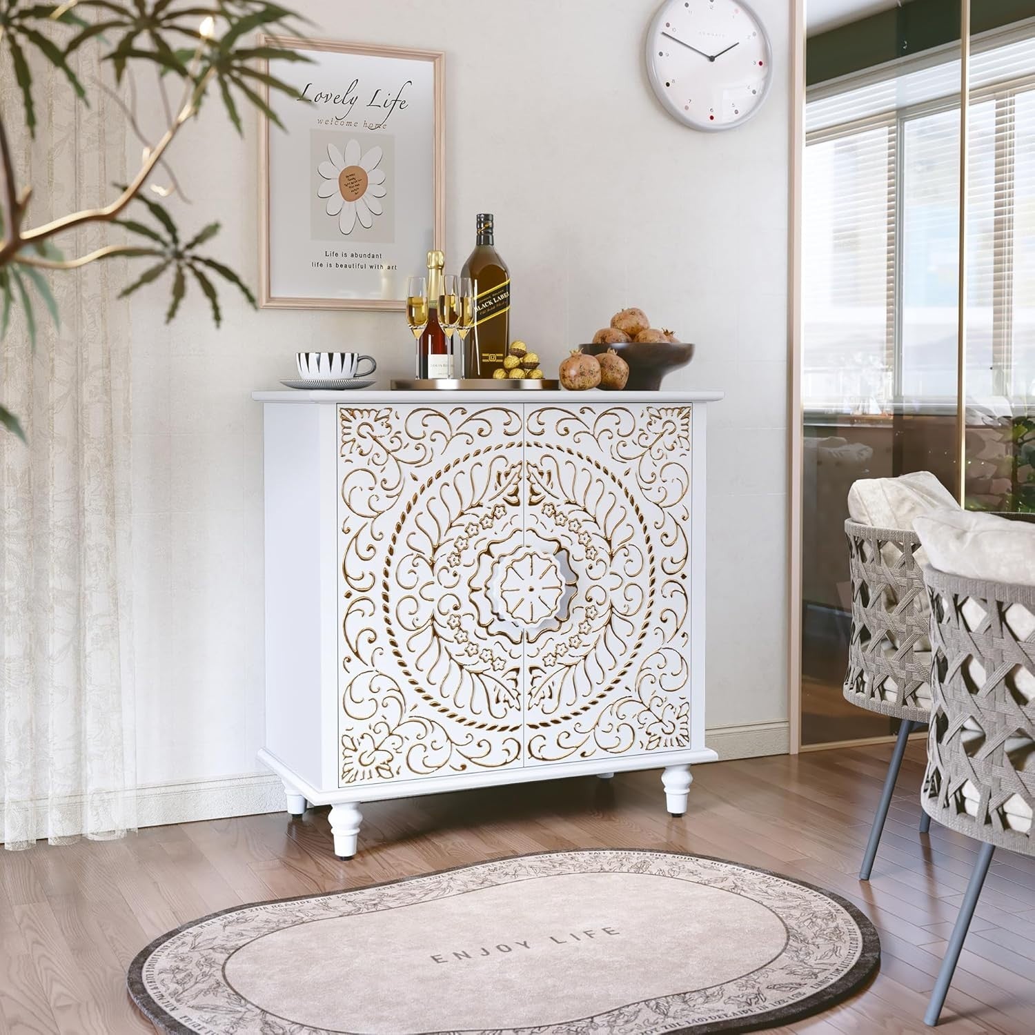 White Carved Wood Sideboard Cabinet 2 Door Vintage Boho Storage Unit