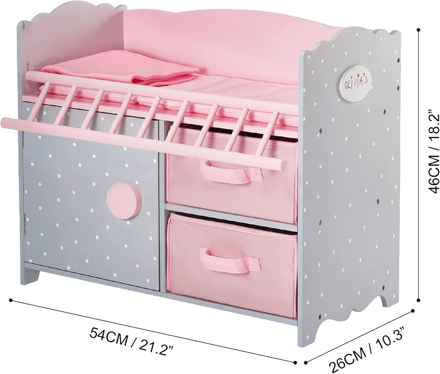 Wooden Baby Doll Cot w Storage Cushion Bedding Mobile Grey Pink 57x31x79cm