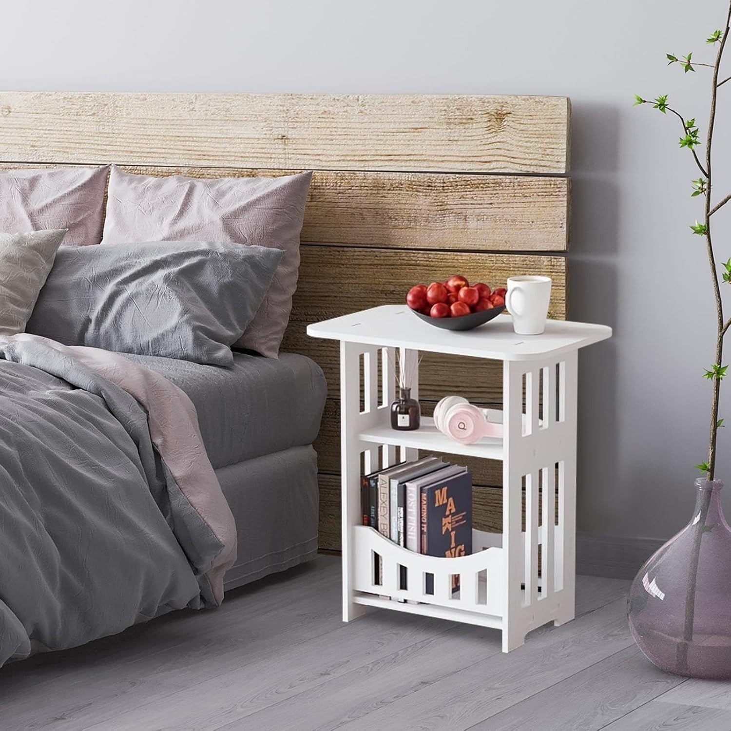 White 2-Tier Side Table | Mini Bedside & Sofa Table w/ Storage Cabinet