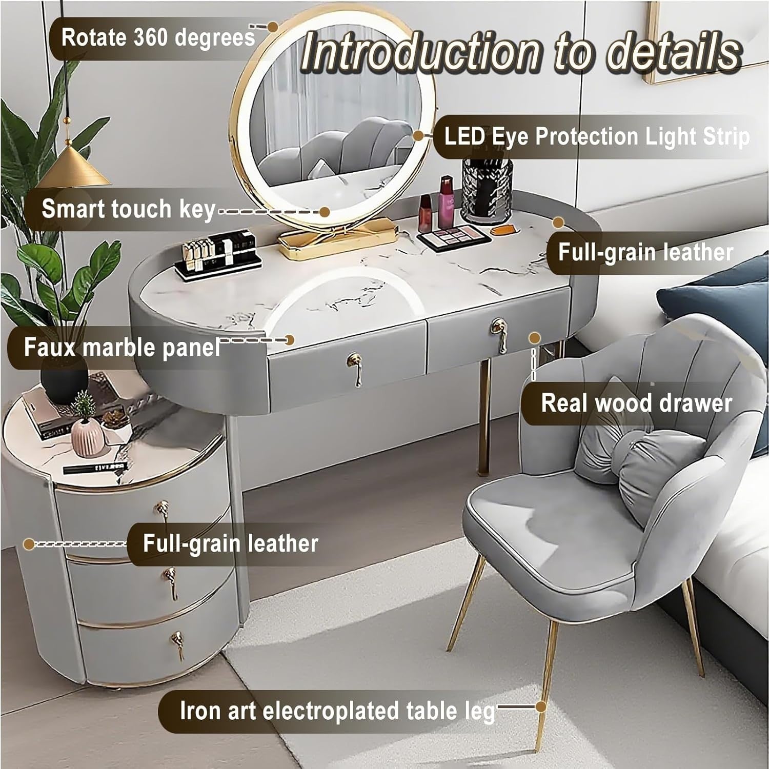 Grey Dressing Table Vanity Set with LED Mirror 5 Drawers Stool Modern Wood Desk