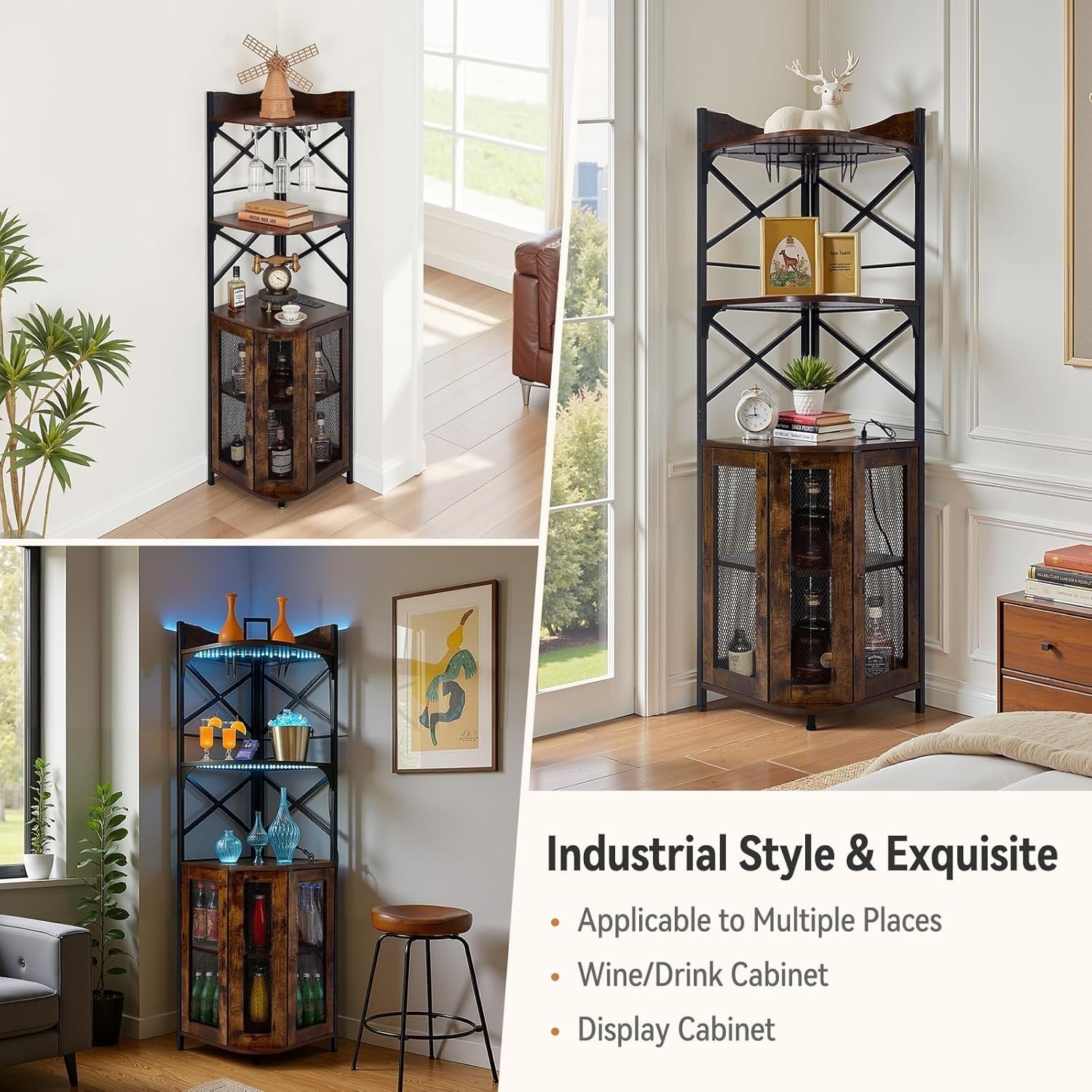 Corner Wine Bar Cabinet with LED Lights, 5-Tier Bottle Rack & Glass Holder