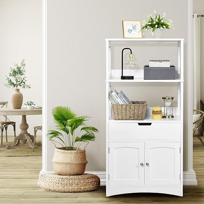 White Wooden Storage Cabinet Freestanding Unit with Shelves Drawer Cupboard