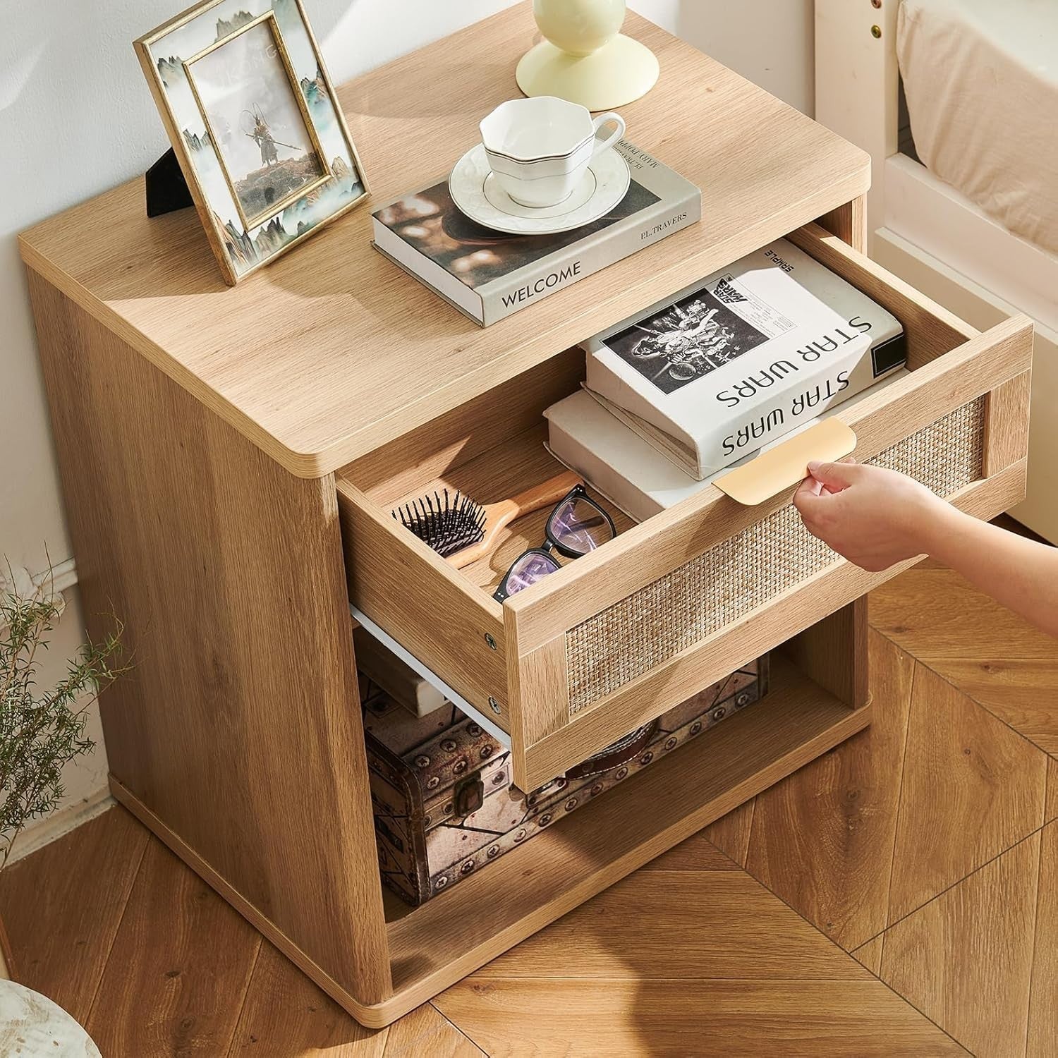Natural Rattan Bedside Table Nightstand with Drawer Boho Wood Side Table