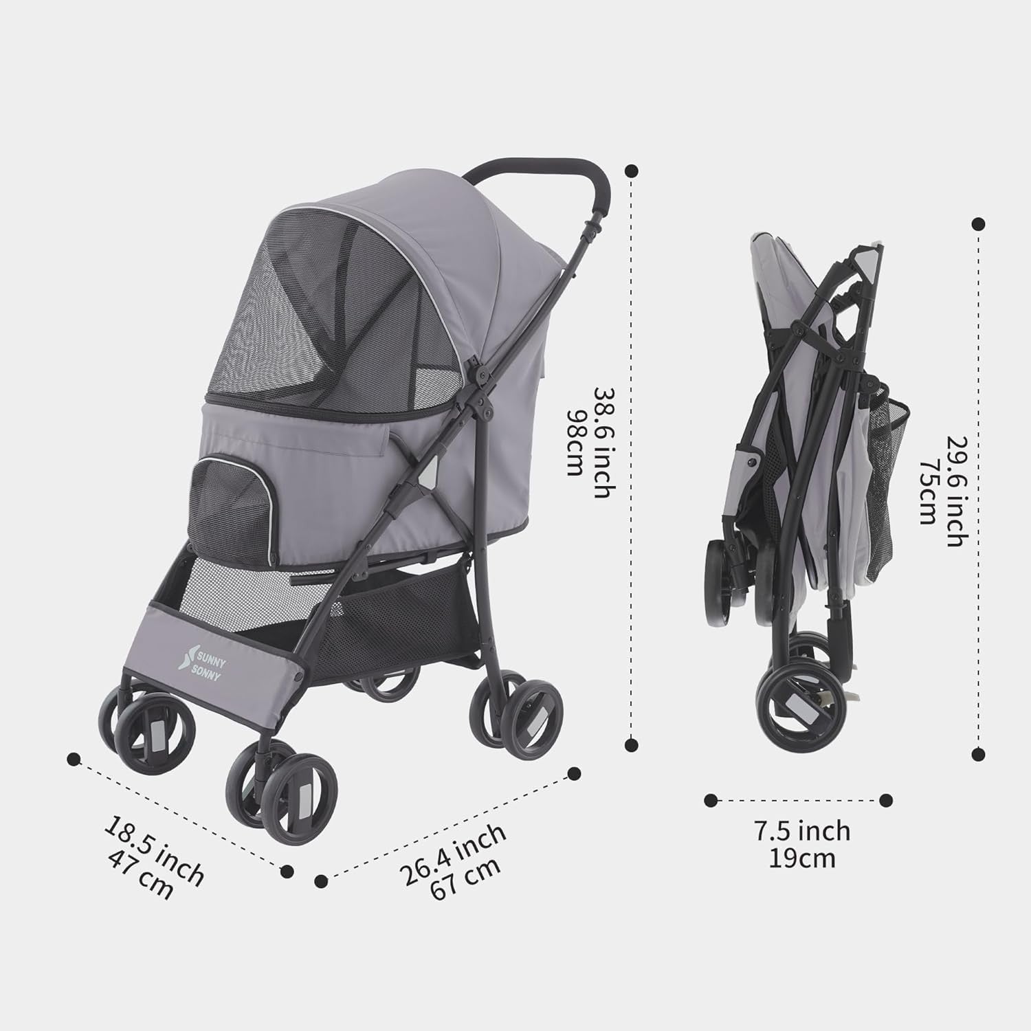 Pet Stroller for Small Dogs Cats Foldable Travel Pushchair 15kg Grey