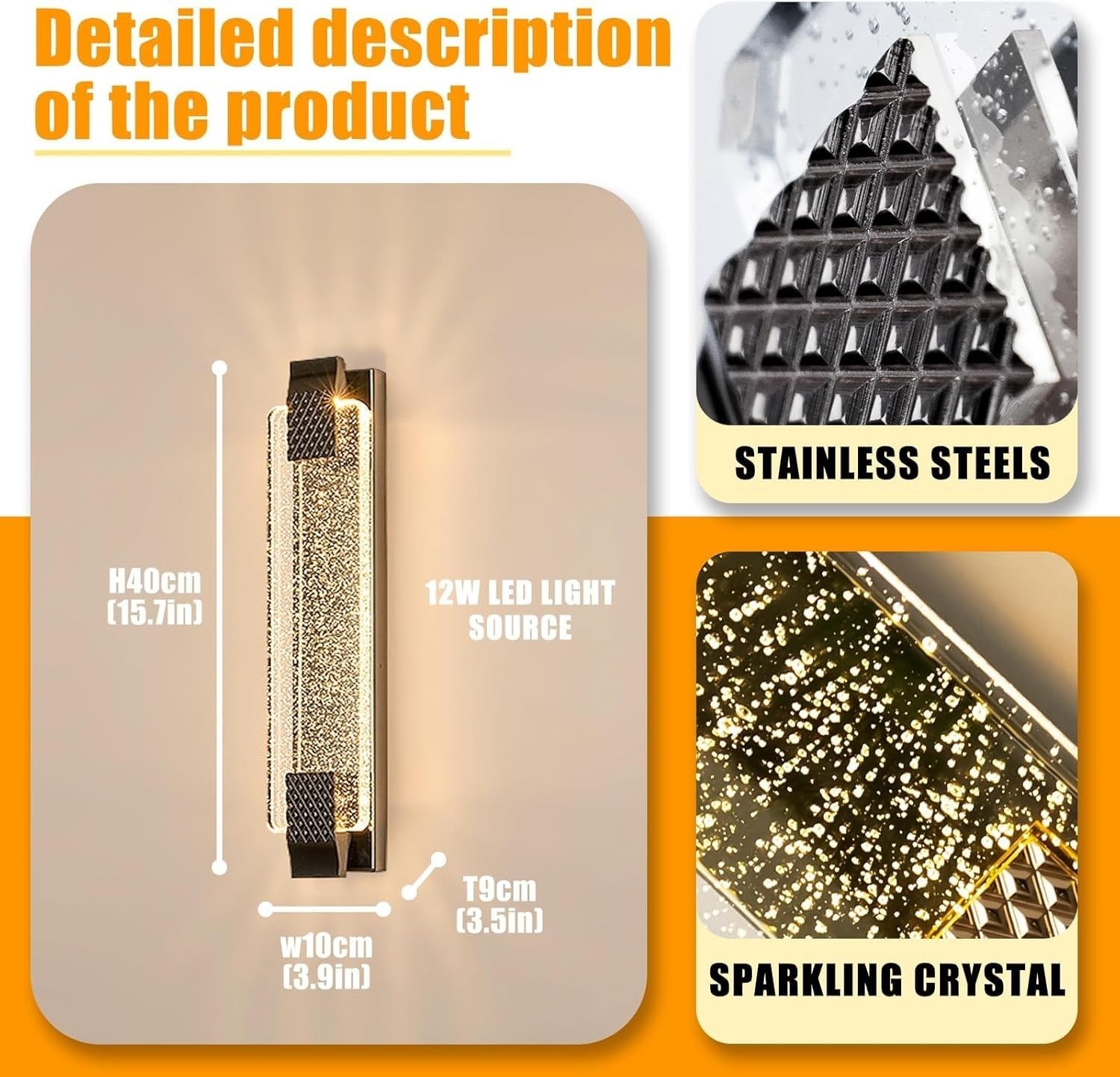 Black Crystal LED Wall Light | Modern Tri-Color Sconce for Hall & Bedroom