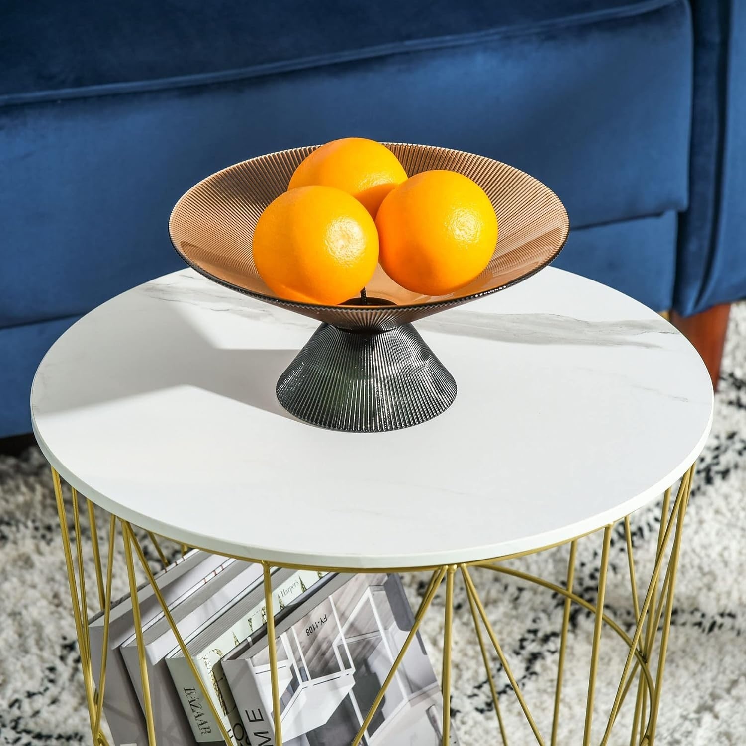 Set of 2 Gold Nesting Side Tables Round Coffee End Table Storage Marble Effect