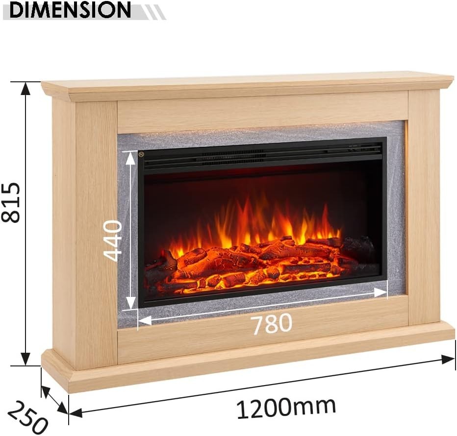 47” Oak Electric Fireplace Heater 2kW LED Flame Remote Modern Mantel