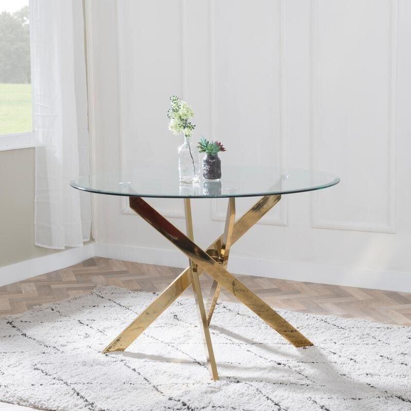 Round Glass Dining Table Set with 4 Leather Chairs & Gold Metal Legs