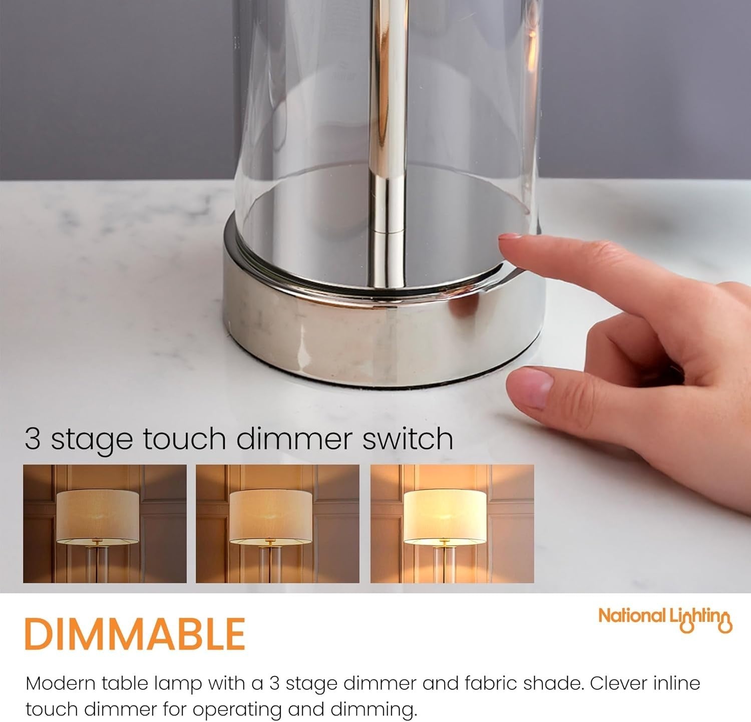 Dimmable Touch Table Lamp with White Fabric Shade & Clear Glass Base