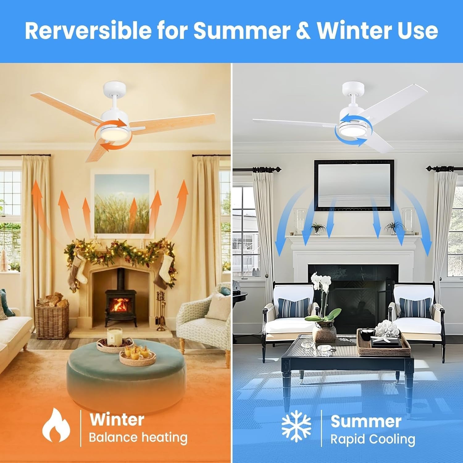 48" White-Wood Ceiling Fan Light, 6 Speeds, Remote Control, Dimmable
