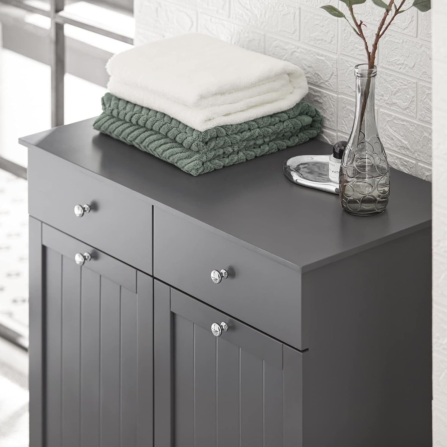 Bathroom Laundry Cabinet Storage Unit with Drawers & Baskets Grey MDF