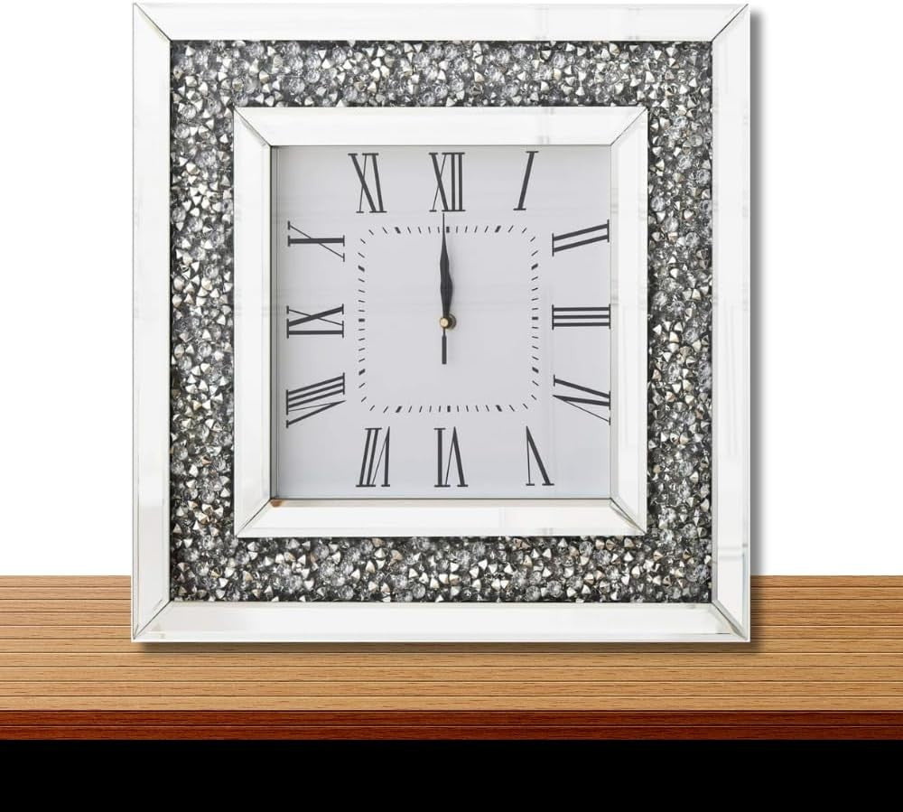Luxury Diamante Mirror Wall Clock 35x35cm Silver Roman Numeral Silent Square