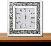 Luxury Diamante Mirror Wall Clock 35x35cm Silver Roman Numeral Silent Square