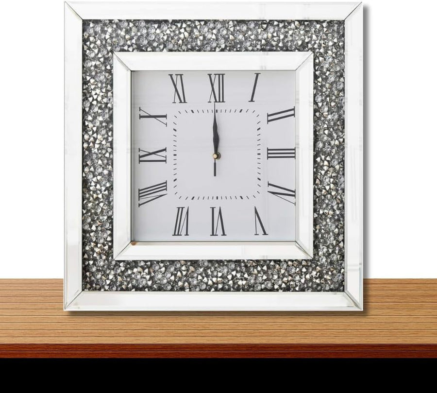 Luxury Diamante Mirror Wall Clock 35x35cm Silver Roman Numeral Silent Square