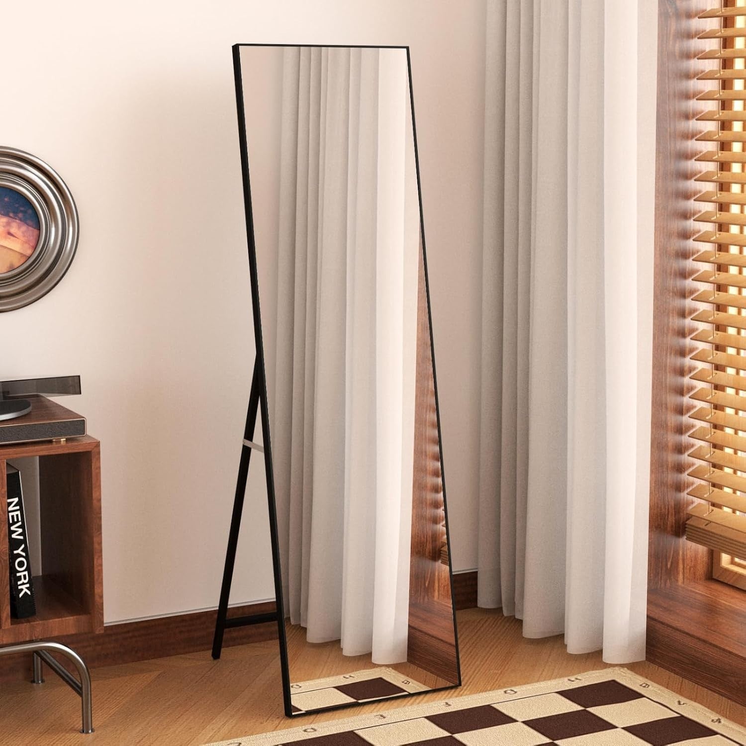 Full-Length Standing Mirror 140x41 cm Black Frame Floor or Wall Mount