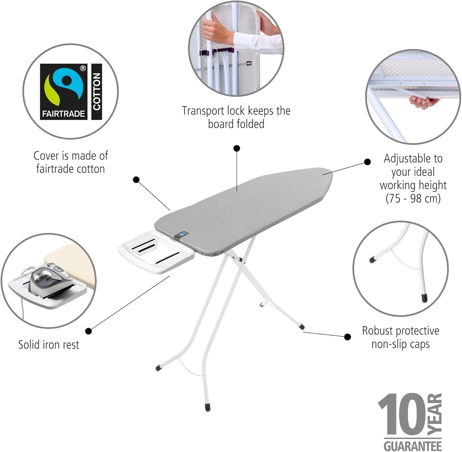 Extra Large Adjustable Ironing Board 124x45cm Steam Rest Grey Metallic