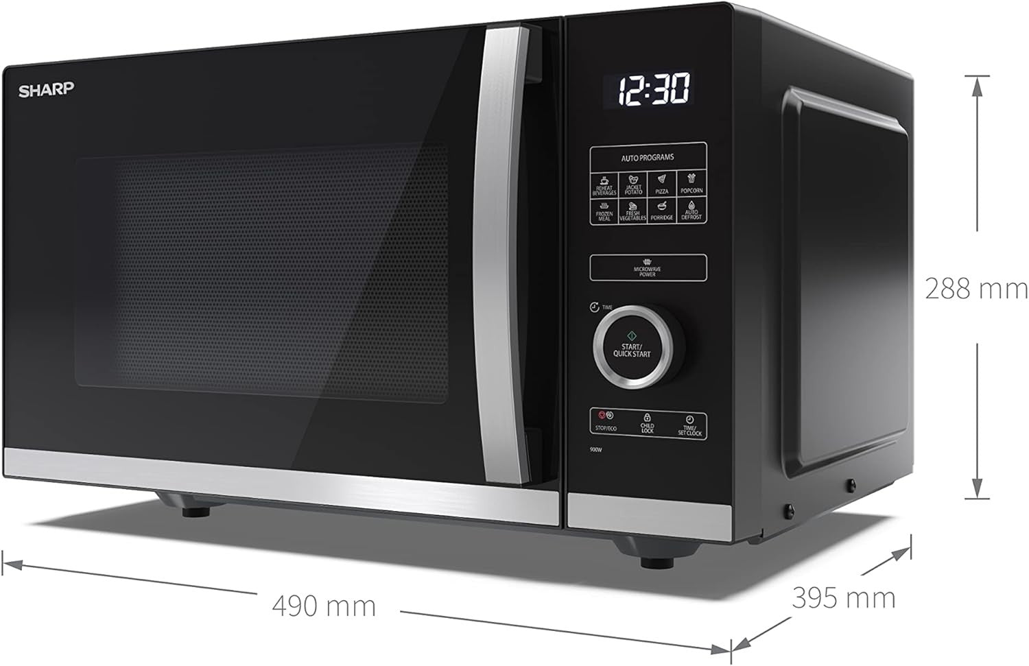 Black 25L Digital Flatbed Microwave 900W 10 Power Levels ECO
