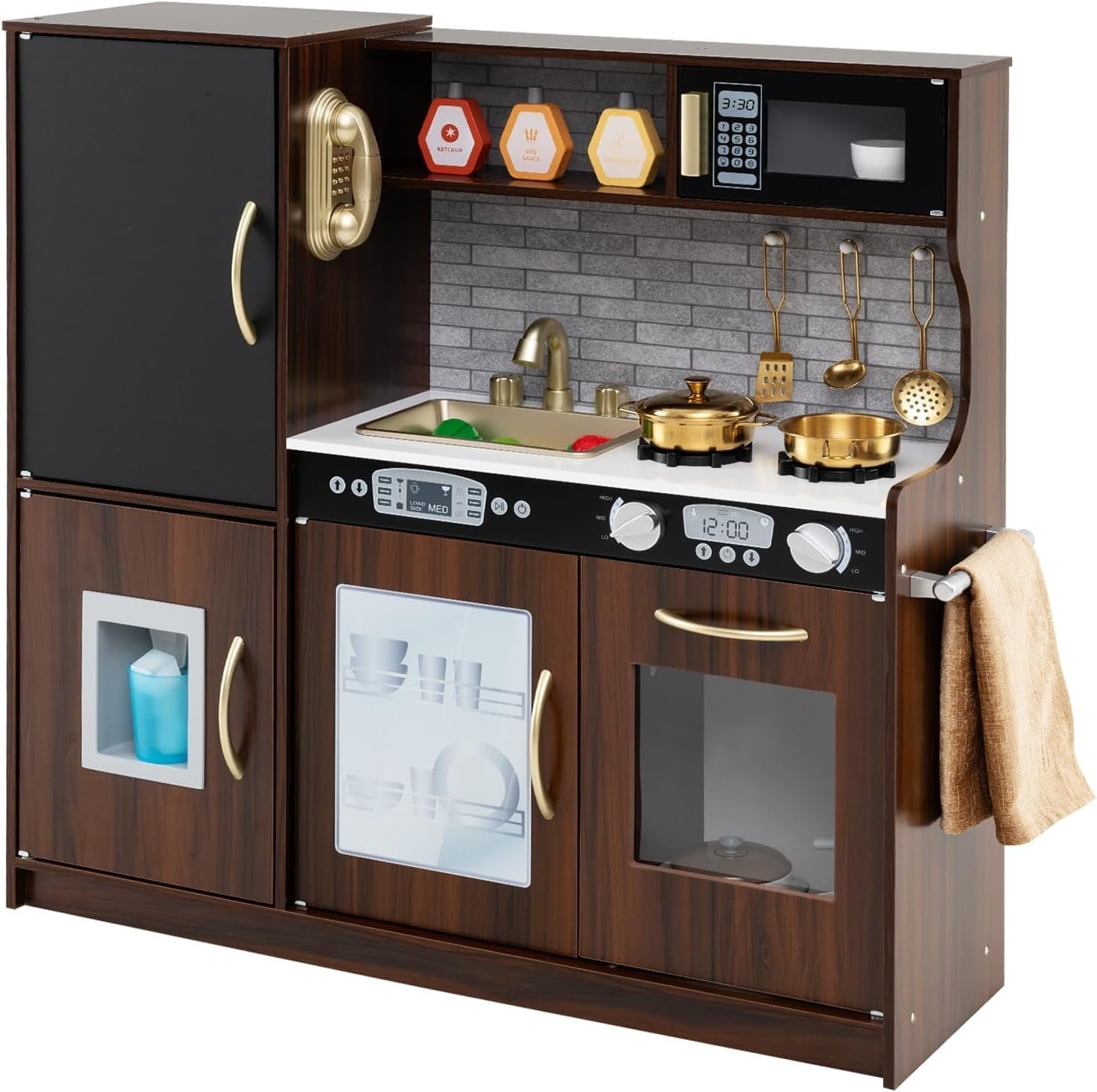 Kids Wooden Play Kitchen w/ Ice Maker Chalkboard Coffee Toy