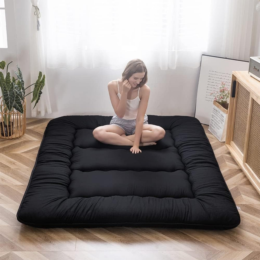 Black Foldable Futon Mattress | Thick Quilted Floor Sleeping Pad, Portable