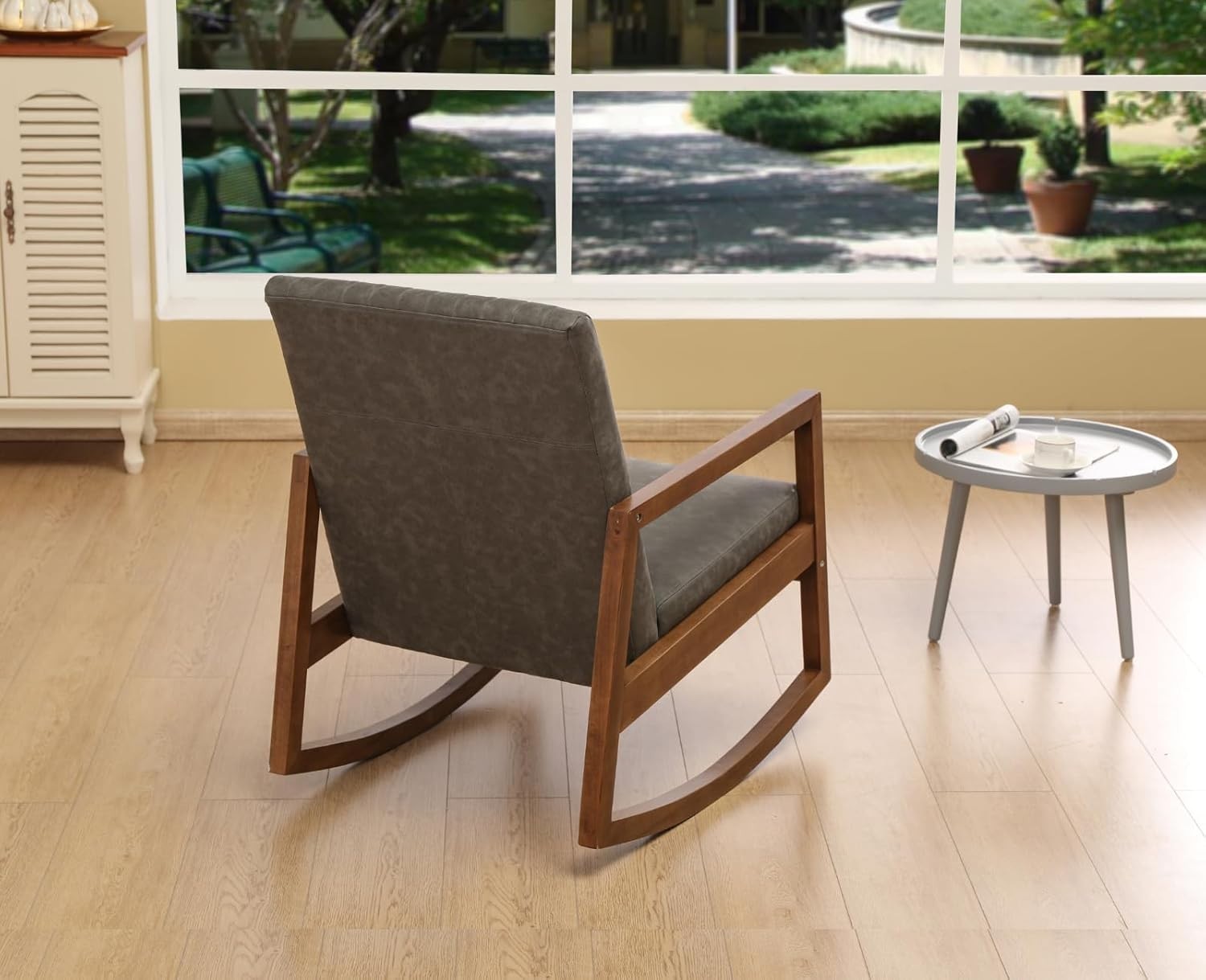 Comfortable PU Leather Rocking Chair with Wood Frame, Quilted Back