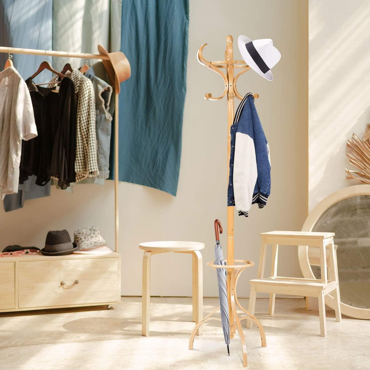 360° Rotating Oak Wooden Coat Rack Stand 12 Hooks Freestanding Hall Tree