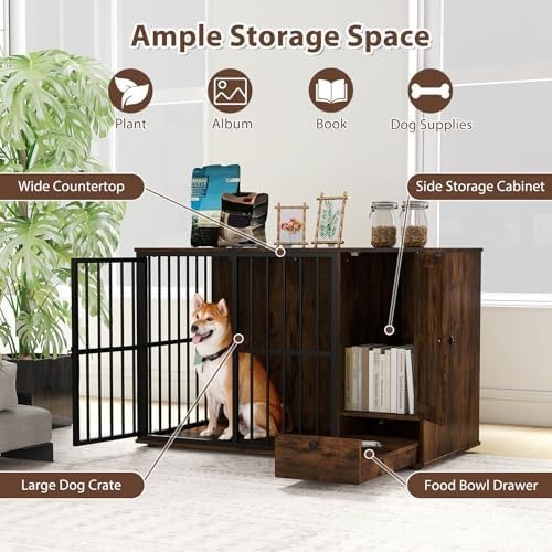 Heavy Duty Dog Crate Furniture with Hidden Bowls & Storage Cabinet
