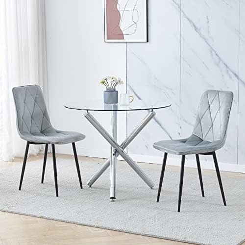 5-Piece Round Glass Dining Table with 4 Grey Velvet Chairs Set for 4