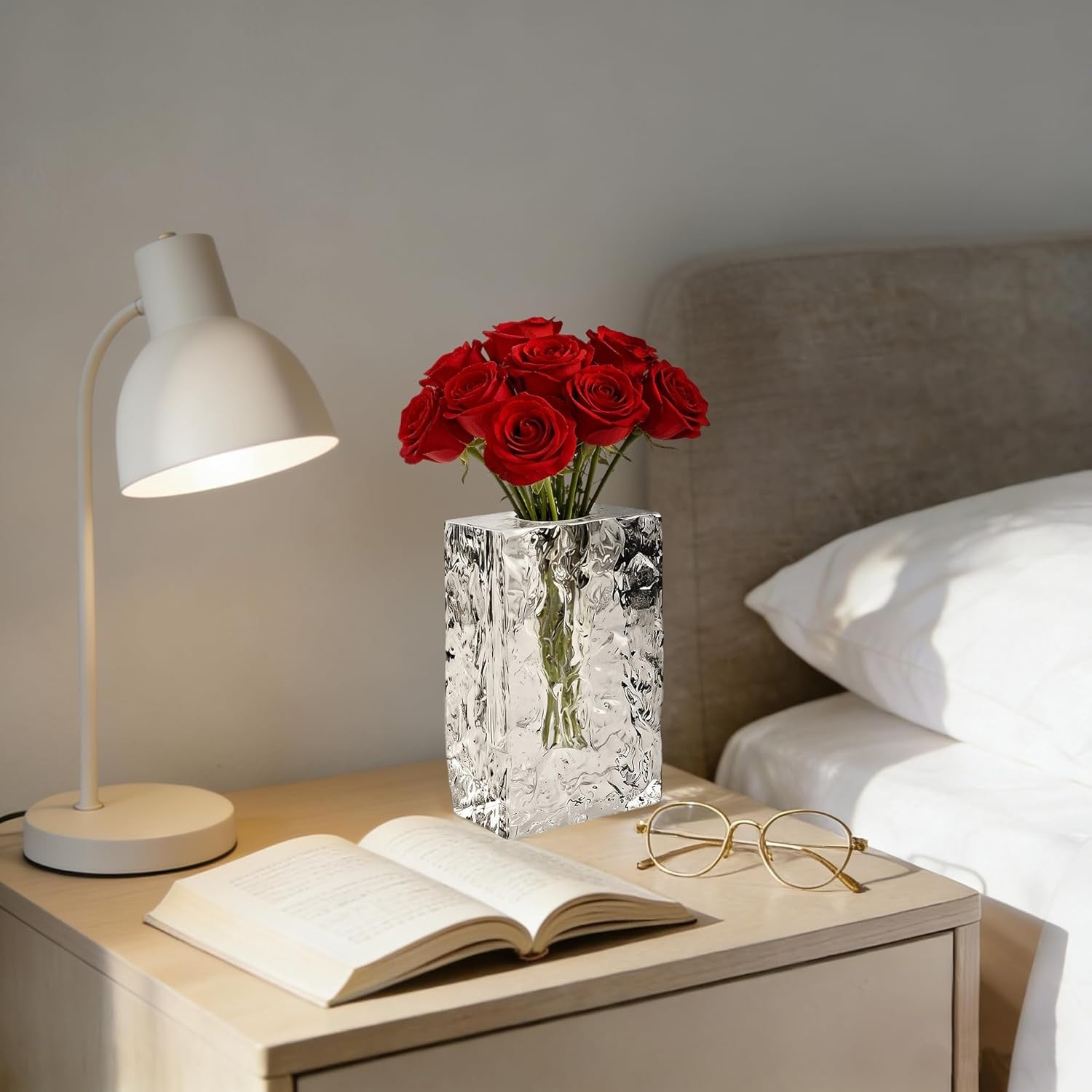 Crystal Glass Vase Ice Texture Modern Rectangular Tabletop Home Decor