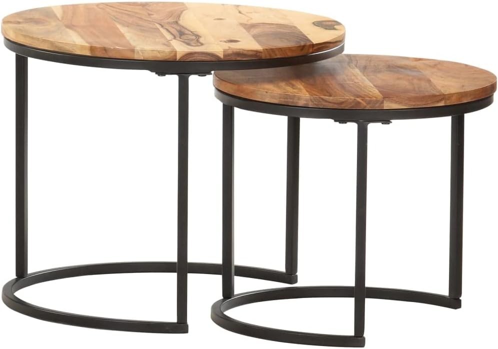 2X Nesting Side Coffee Tables Wood Round Industrial End Set Space Saving Brown