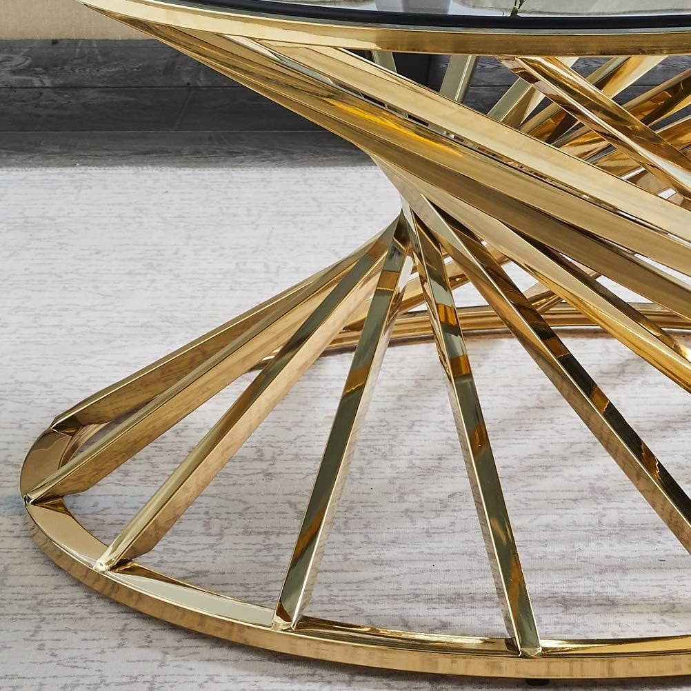 Golden Round Glass Coffee Table with Stainless Steel Spiral Frame 80x43cm